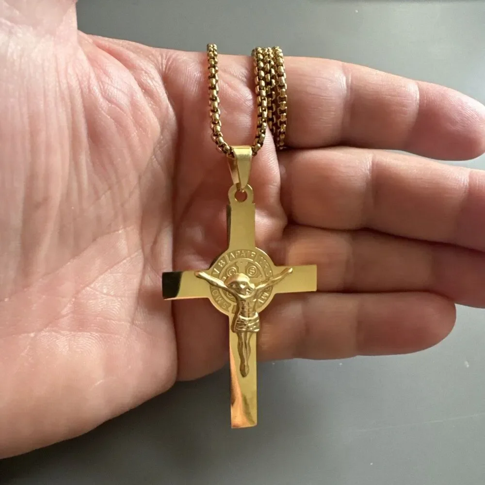 Gold Tone Cross Jesus Pendant 24” Chain Christ Stainless Steel Catholic Gift